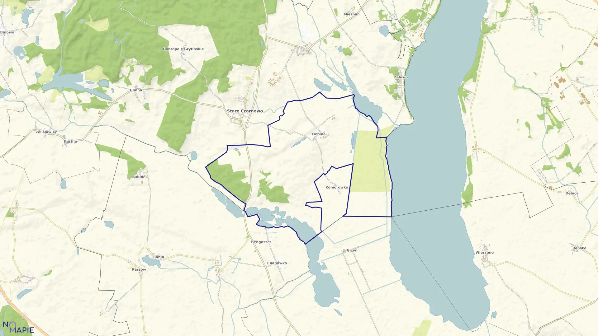 Mapa obrębu Dębina w gminie Stare Czarnowo